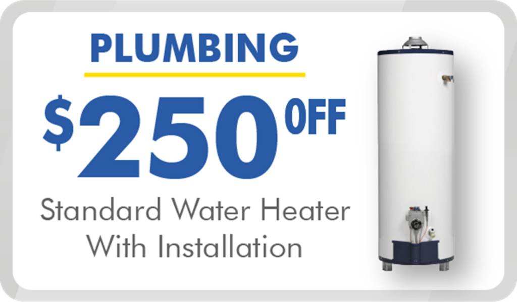 Ad offering $250 off plumbing for standard water heater with installation, featuring an image of a water heater.