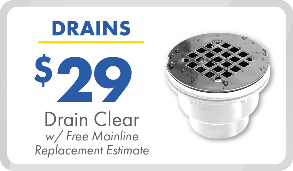 A metal drain with water droplets and text: "DRAINS $29 Drain Clear w/ Free Mainline Replacement Estimate.