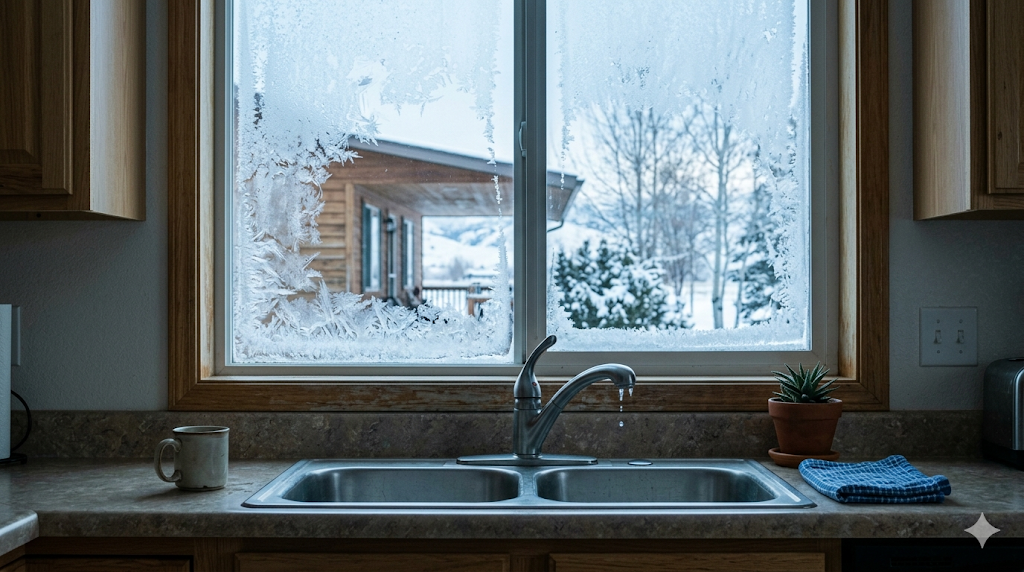 A kitchen sink beneath a window with frost patterns, showing a snowy outdoor scene; a mug, potted plant, and towel sit on the counter.