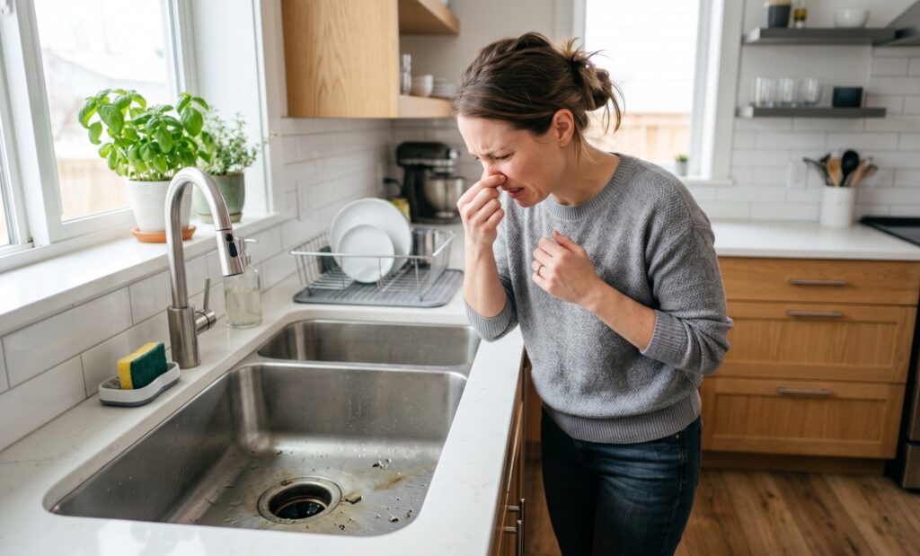 Woman pinching her nose in discomfort while standing next to a kitchen sink filled with dirty water and food scraps.